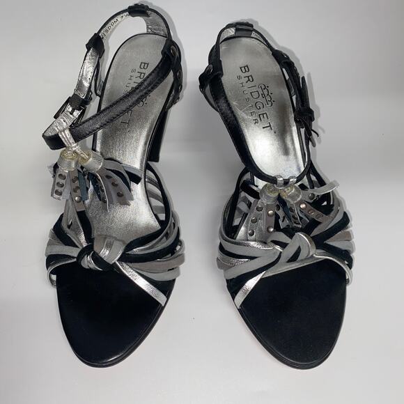 Bridget Shuster Black Silver Gray Leather Tassel Ankle Strap Heeled Sandals 7.5 - Picture 2 of 10